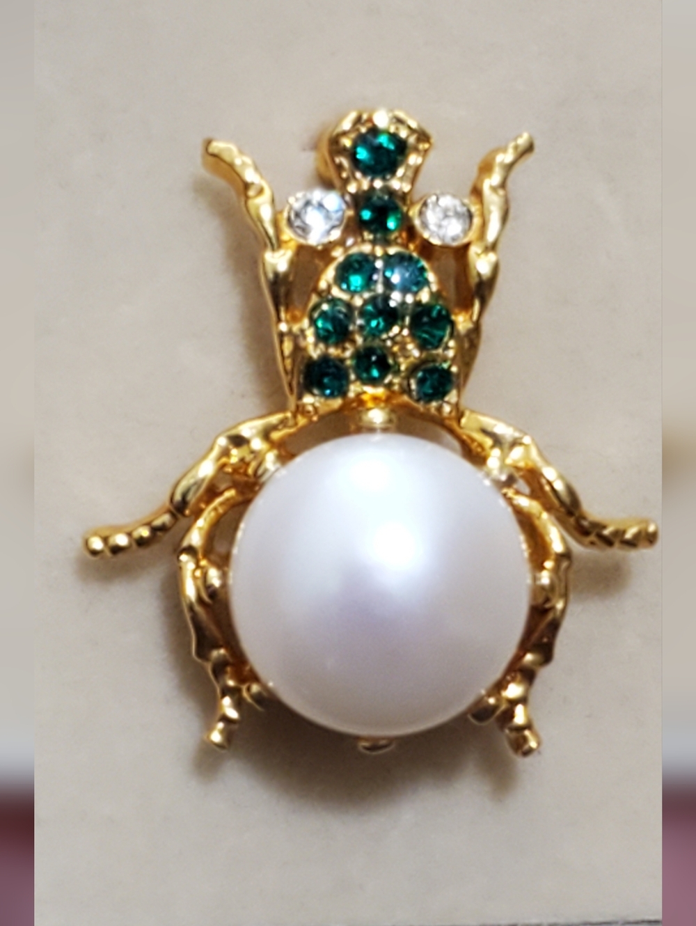 Vtg. Genuine Cultured Pearl Spider Brooch with Green Crystals